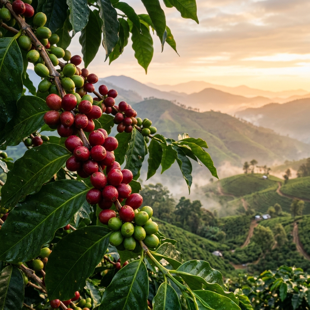 Ripe Arabica coffee cherries growing under high-altitude forest canopy