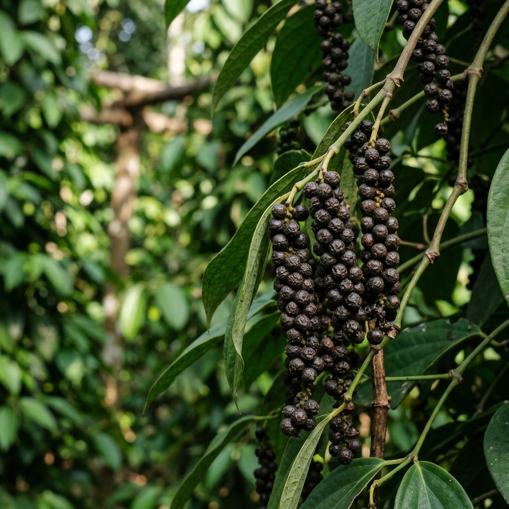 High density mature black pepper berries on vines