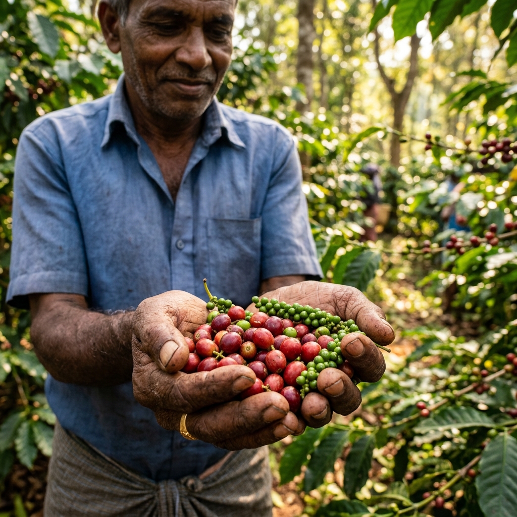 South Indian farmer holding freshly harvested red coffee cherries