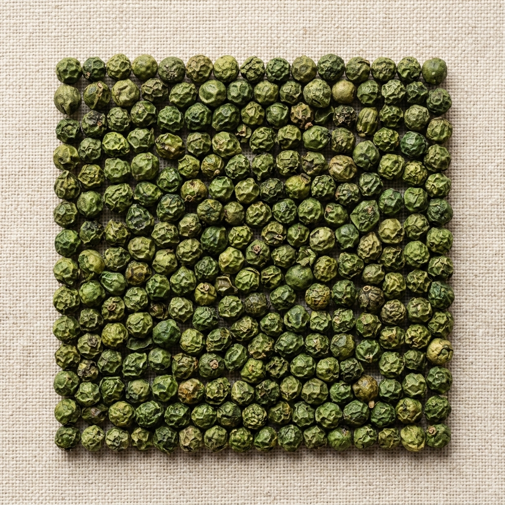 Dehydrated green peppercorns neatly styled