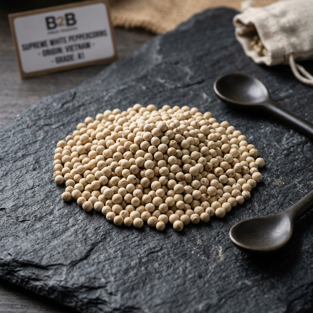 Cream white pepper corns on slate background
